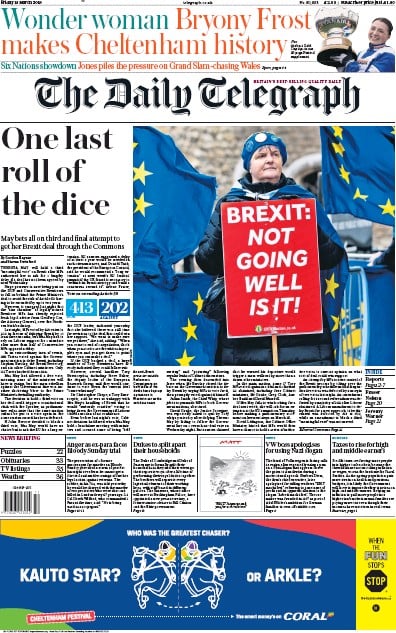 The Daily Telegraph Newspaper Front Page (UK) for 15 March 2019