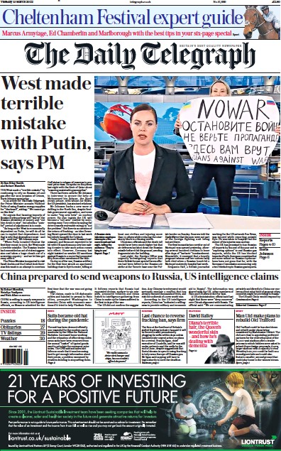 The Daily Telegraph Newspaper Front Page (UK) for 15 March 2022