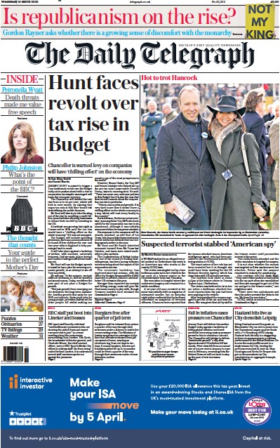 The Daily Telegraph Newspaper Front Page (UK) for 15 March 2023