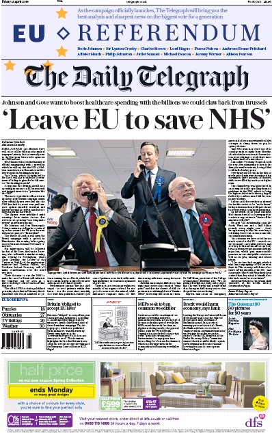 The Daily Telegraph Newspaper Front Page (UK) for 15 April 2016
