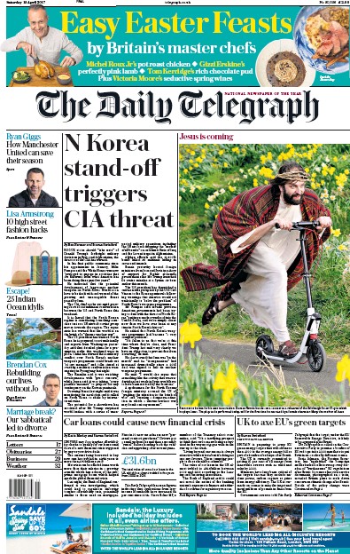 The Daily Telegraph Newspaper Front Page (UK) for 15 April 2017