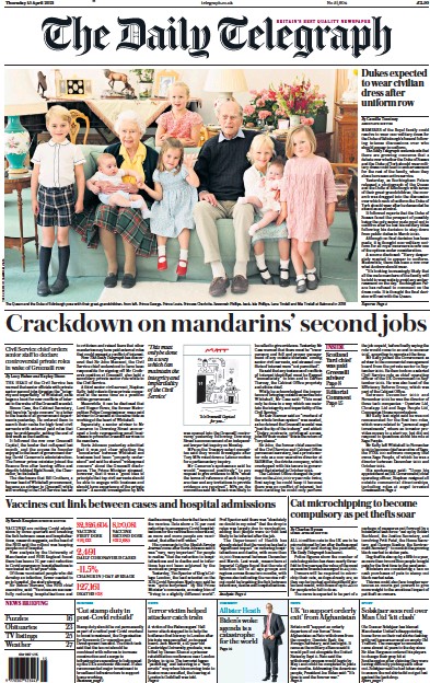 The Daily Telegraph Newspaper Front Page (UK) for 15 April 2021