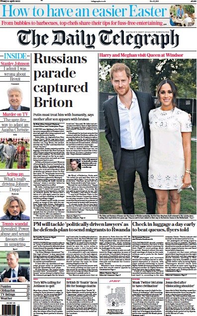 The Daily Telegraph Newspaper Front Page (UK) for 15 April 2022