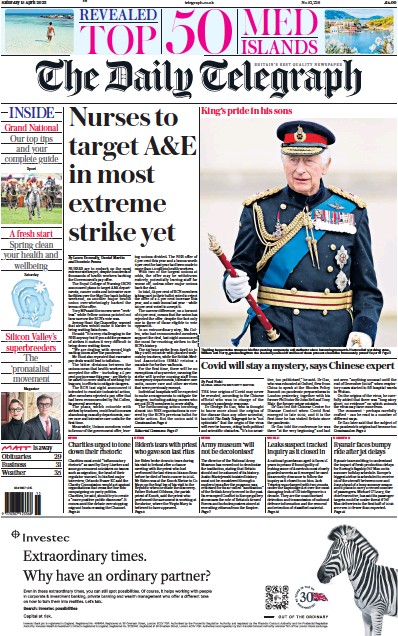 The Daily Telegraph Newspaper Front Page (UK) for 15 April 2023