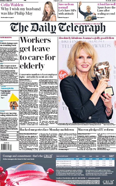 The Daily Telegraph Newspaper Front Page (UK) for 15 May 2017