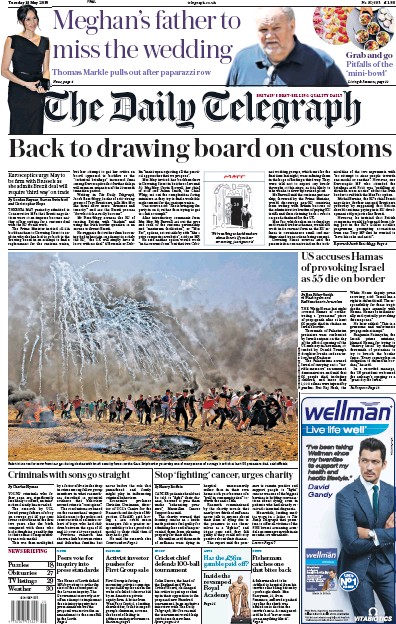 The Daily Telegraph Newspaper Front Page (UK) for 15 May 2018