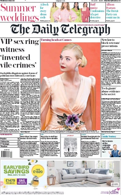 The Daily Telegraph Newspaper Front Page (UK) for 15 May 2019