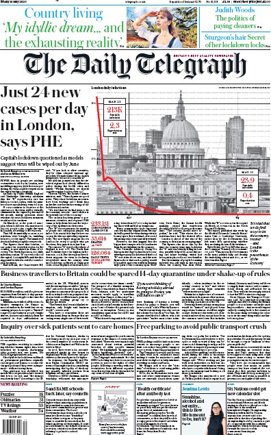 The Daily Telegraph Newspaper Front Page (UK) for 15 May 2020