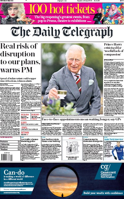 The Daily Telegraph Newspaper Front Page (UK) for 15 May 2021