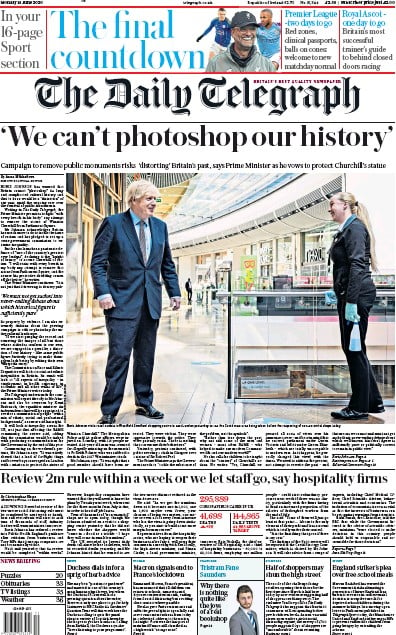 The Daily Telegraph Newspaper Front Page (UK) for 15 June 2020