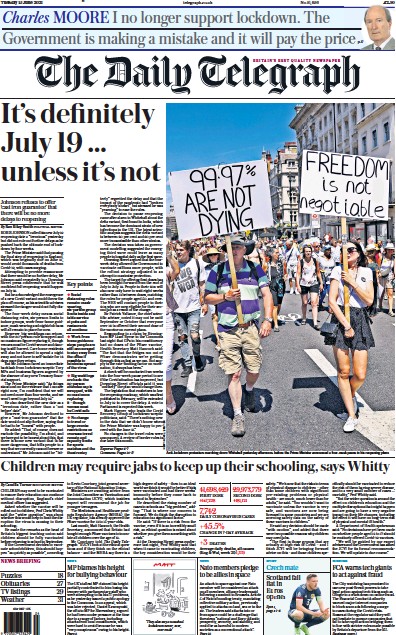 The Daily Telegraph Newspaper Front Page (UK) for 15 June 2021