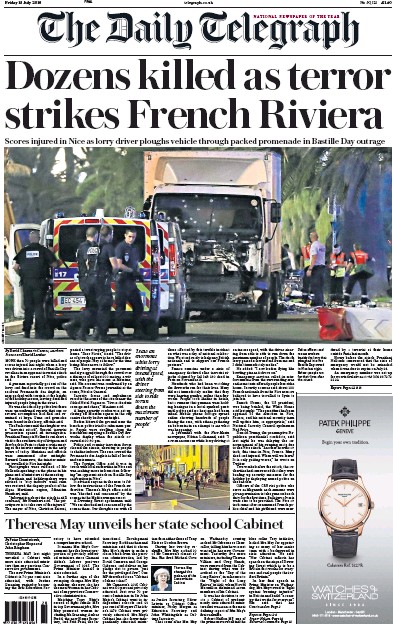 The Daily Telegraph Newspaper Front Page (UK) for 15 July 2016