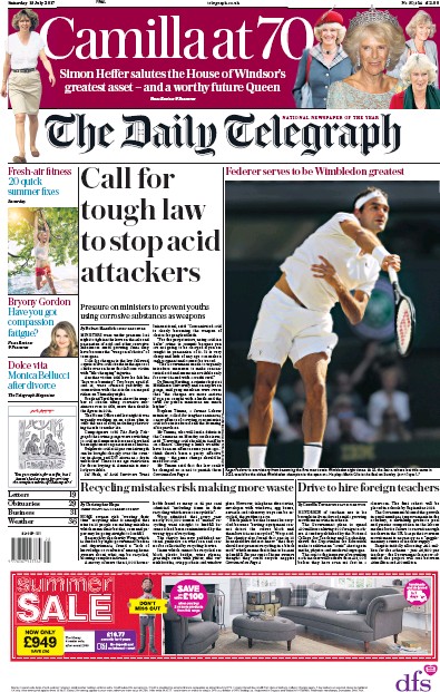 The Daily Telegraph Newspaper Front Page (UK) for 15 July 2017