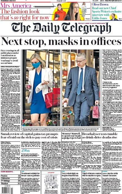 The Daily Telegraph Newspaper Front Page (UK) for 15 July 2020