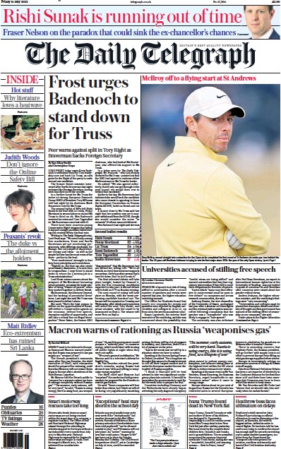 The Daily Telegraph Newspaper Front Page (UK) for 15 July 2022