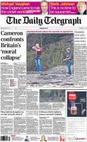 The Daily Telegraph Newspaper Front Page (UK) for 15 August 2011