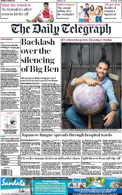 The Daily Telegraph Newspaper Front Page (UK) for 15 August 2017