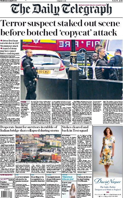 The Daily Telegraph Newspaper Front Page (UK) for 15 August 2018