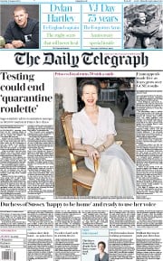 The Daily Telegraph (UK) Newspaper Front Page for 15 August 2020