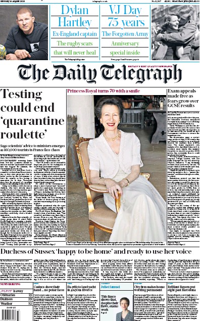The Daily Telegraph Newspaper Front Page (UK) for 15 August 2020