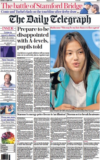 The Daily Telegraph Newspaper Front Page (UK) for 15 August 2022