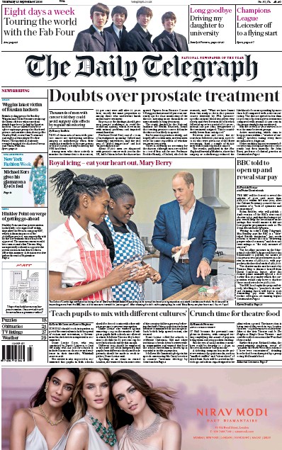 The Daily Telegraph Newspaper Front Page (UK) for 15 September 2016