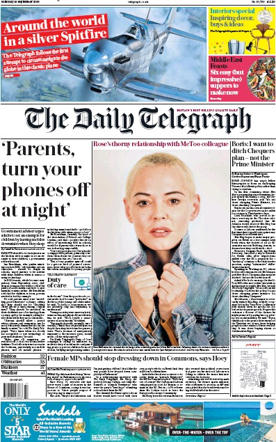 The Daily Telegraph Newspaper Front Page (UK) for 15 September 2018