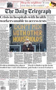 The Daily Telegraph (UK) Newspaper Front Page for 15 September 2020