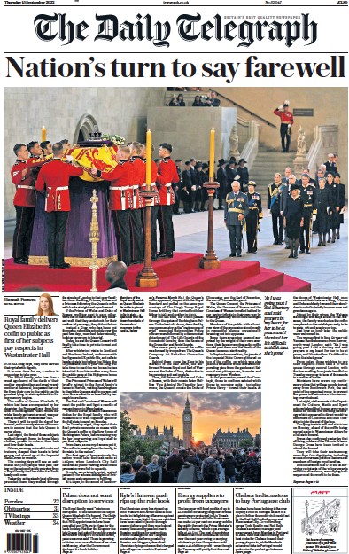 The Daily Telegraph Newspaper Front Page (UK) for 15 September 2022