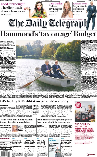 The Daily Telegraph Newspaper Front Page (UK) for 16 October 2017
