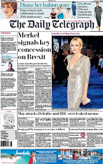 The Daily Telegraph Newspaper Front Page (UK) for 16 November 2016