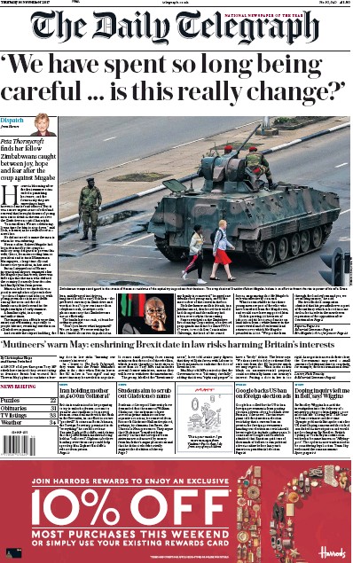 The Daily Telegraph Newspaper Front Page (UK) for 16 November 2017
