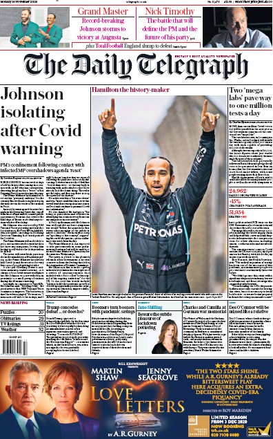 The Daily Telegraph Newspaper Front Page (UK) for 16 November 2020