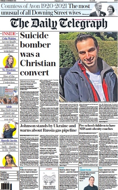 The Daily Telegraph Newspaper Front Page (UK) for 16 November 2021