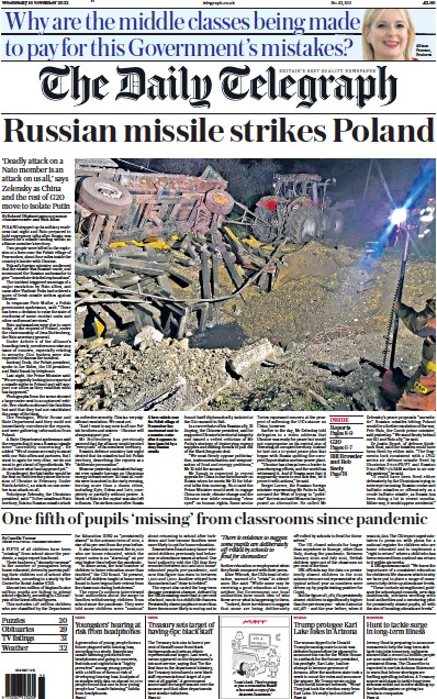 The Daily Telegraph Newspaper Front Page (UK) for 16 November 2022