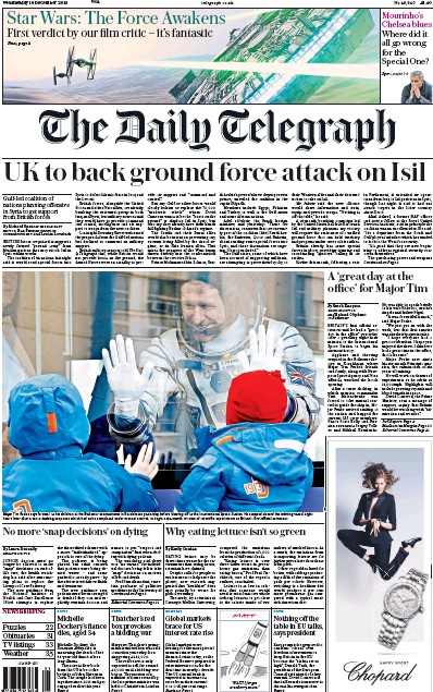 The Daily Telegraph Newspaper Front Page (UK) for 16 December 2015
