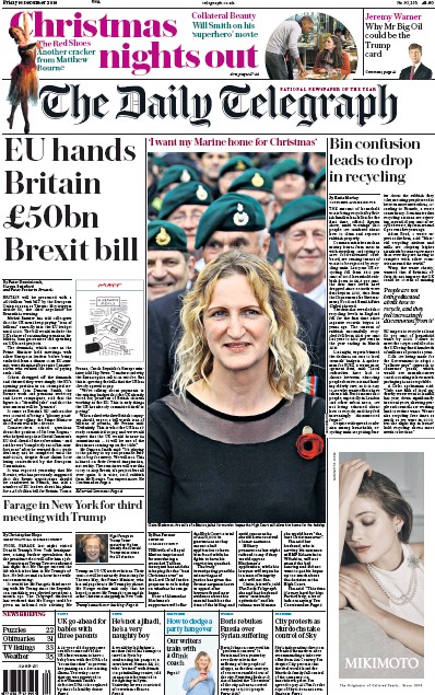 The Daily Telegraph Newspaper Front Page (UK) for 16 December 2016
