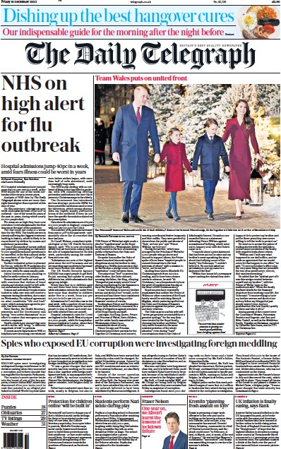 The Daily Telegraph Newspaper Front Page (UK) for 16 December 2022