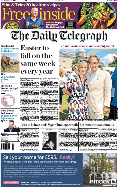 The Daily Telegraph Newspaper Front Page (UK) for 16 January 2016