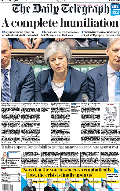 The Daily Telegraph Newspaper Front Page (UK) for 16 January 2019