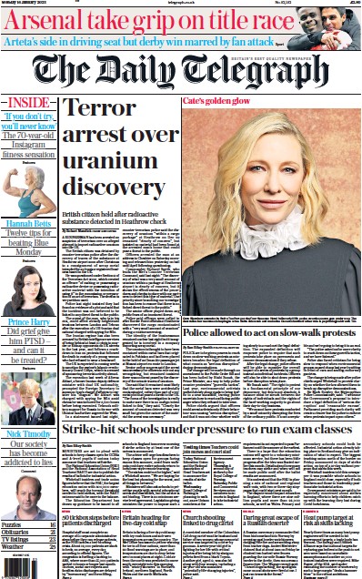 The Daily Telegraph Newspaper Front Page (UK) for 16 January 2023