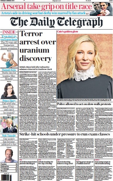 The Daily Telegraph Newspaper Front Page (UK) for 16 January 2023
