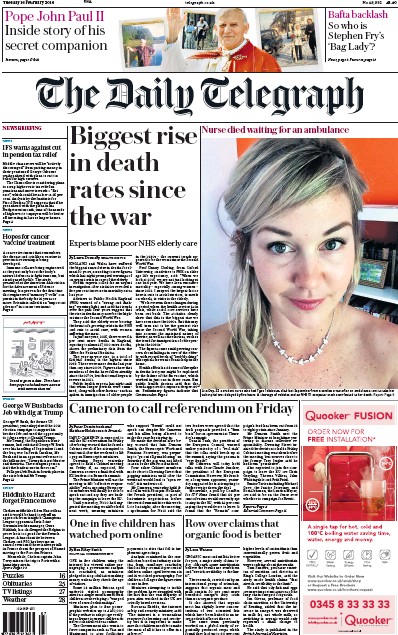 The Daily Telegraph Newspaper Front Page (UK) for 16 February 2016