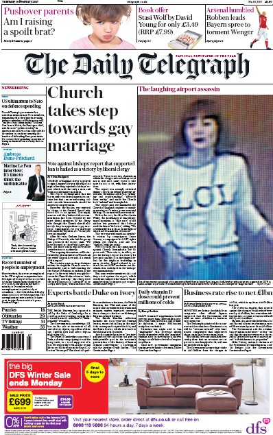 The Daily Telegraph Newspaper Front Page (UK) for 16 February 2017