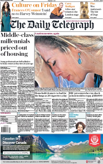 The Daily Telegraph Newspaper Front Page (UK) for 16 February 2018