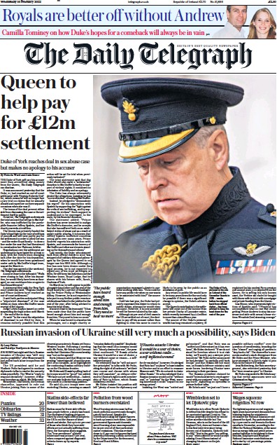 The Daily Telegraph Newspaper Front Page (UK) for 16 February 2022