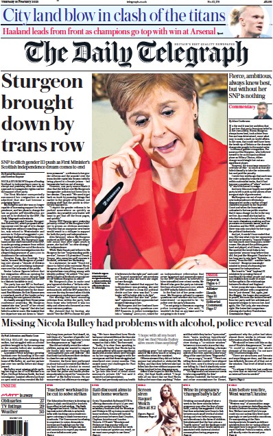 The Daily Telegraph Newspaper Front Page (UK) for 16 February 2023