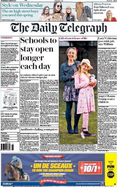 The Daily Telegraph Newspaper Front Page (UK) for 16 March 2016
