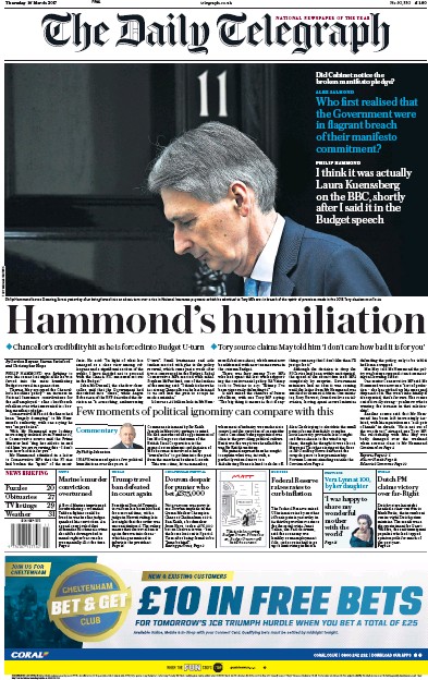 The Daily Telegraph Newspaper Front Page (UK) for 16 March 2017