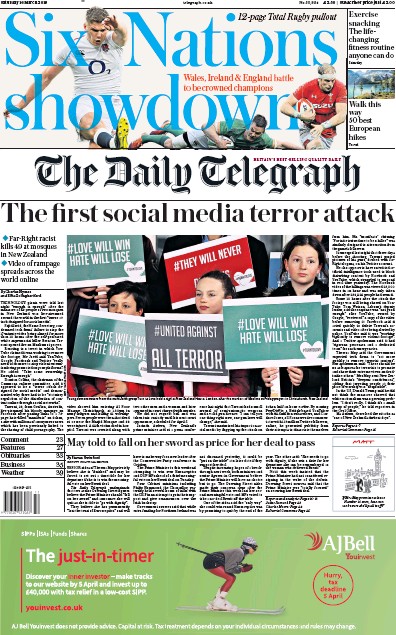 The Daily Telegraph Newspaper Front Page (UK) for 16 March 2019